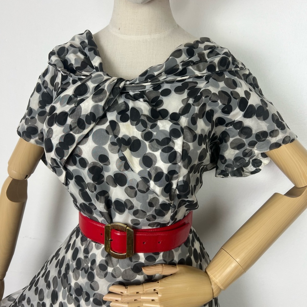1950’s Vintage BLACK & WHITE Polkadot Polka Dot Chiffon Overlay Party Dress L XL - Picture 3 of 16